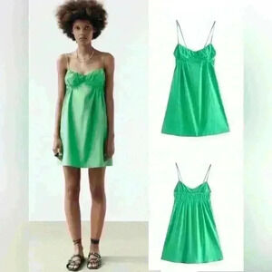 ZARA Mini Babydoll Dress Green Spaghetti Straps  Cup Cotton Ruched Short Size L
